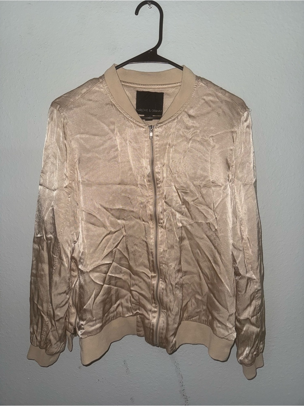 Harlowe & Graham Satin Bomber Jacket - Light Beige